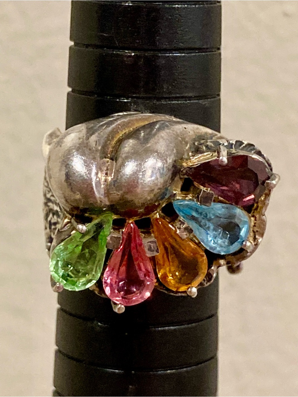 Rainbow Teardrop Gemstone Statement Ring Tree Bark Texture Silver Tone Size 8 - Picture 10 of 13